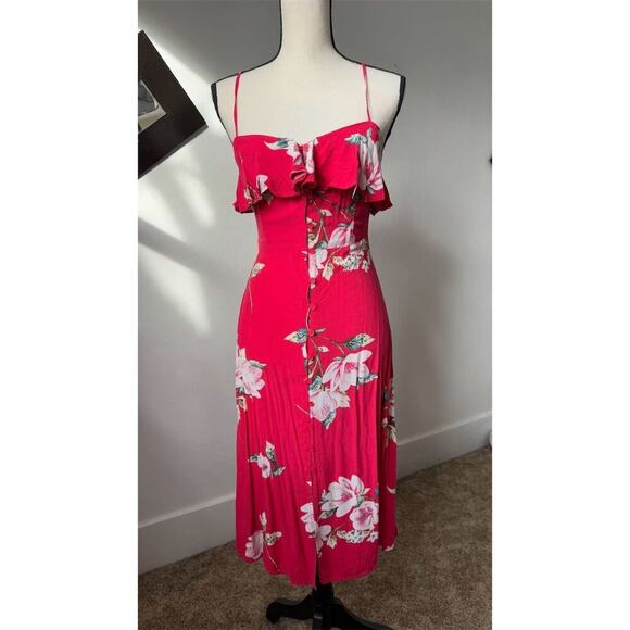 Band of Gypsies Womens XS Floral Ruffle Button Down Red Midi Dress Keyhole Back - Picture 1 of 6